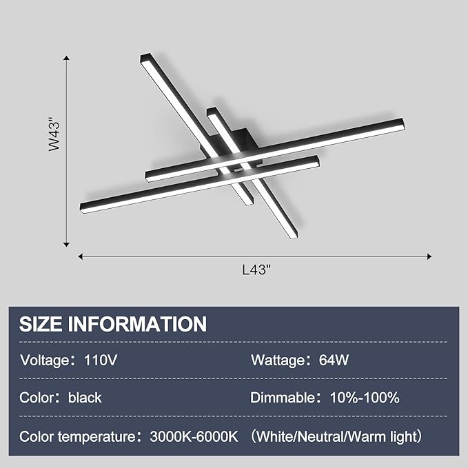 Black Modern LED Ceiling Light Fixtures with Remote 3000K/4500K/6000K Close to Ceiling Lights Creative Design Ceiling Lamp for Bedroom Kitchen Living Room Dining Room (64W, 4 Lights)