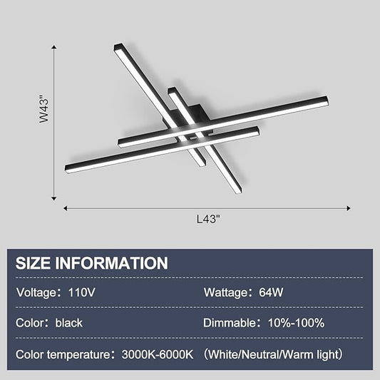 Black Modern LED Ceiling Light Fixtures with Remote 3000K/4500K/6000K Close to Ceiling Lights Creative Design Ceiling Lamp for Bedroom Kitchen Living Room Dining Room (64W, 4 Lights)