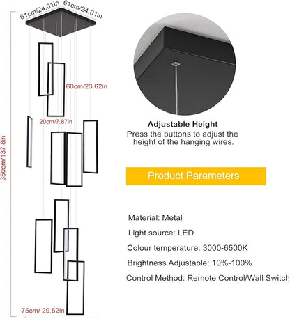 GEADI Modern Foyer Chandelier for High Ceilings,10 Rectangle Dimmable Led High Ceiling Chandelier with Remote Control,Black Large Staircase Pendant Light Fixture for Entryway（3000-6500K）