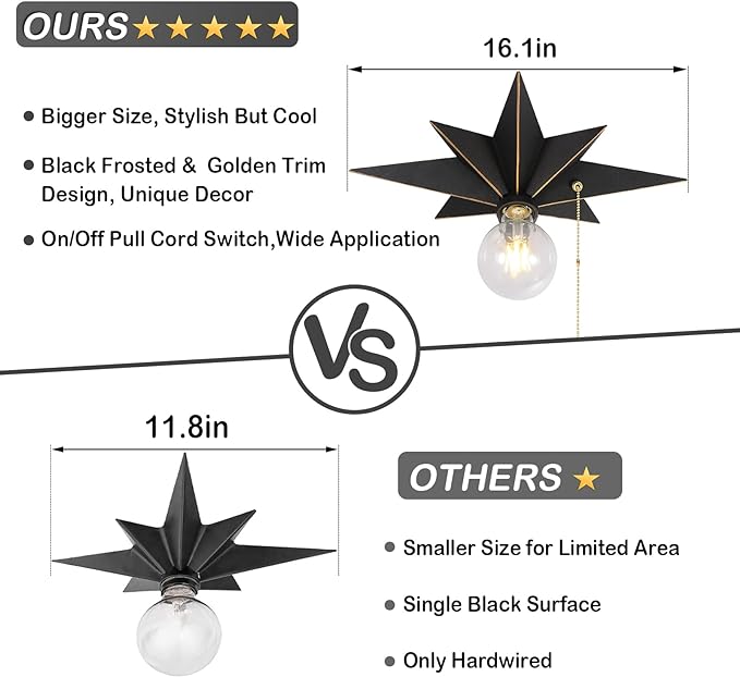 16 inch Flush Mount Ceiling Light with Pull Chain On/Off Switch, Industrial Black Star Ceiling Light Fixtures, Farmhouse Lighting for Hallway, Entryway, Porch, Study, Bedroom, Stair, Kitchen, Bathroom