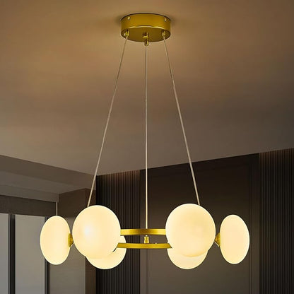Modern Gold Chandelier, Mid Century Wagon Wheel Chandelier, 6-Light Globe Dining Room Light Fixture with Milk Glass Shades