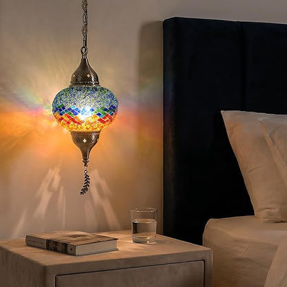 Turkish Moroccan Mosaic Pendant Light - Handcrafted Tiffany Style Swag Lamp with 15ft Cord, Vintage Glass Ceiling Fixture Lighting for Mediterranean Decor (Multicolor2)