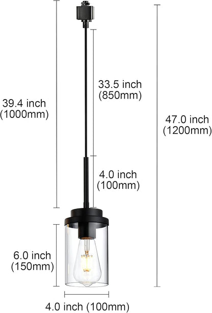 MELUCEE 4 Pack H-Type Track Lighting Pendants Black Ceiling Track Hanging Light Fixtures with Clear Glass Shades, Compatible with H Type Track Lighting Rail, E26 Socket