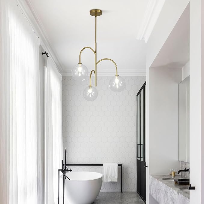 Modern Gold Globe Pendant Lighting 3-Light Clear Glass Bubble Chandelier Mid Century Sputnik Light Fixture Brushed Brass Ceiling Pendant Light for Kitchen Island Living Room