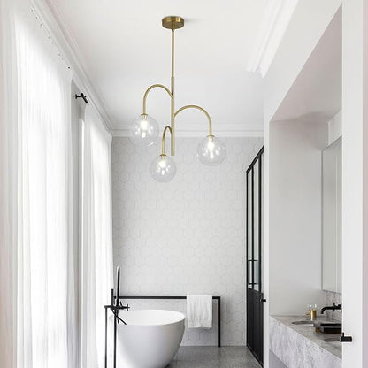 Modern Gold Globe Pendant Lighting 3-Light Clear Glass Bubble Chandelier Mid Century Sputnik Light Fixture Brushed Brass Ceiling Pendant Light for Kitchen Island Living Room