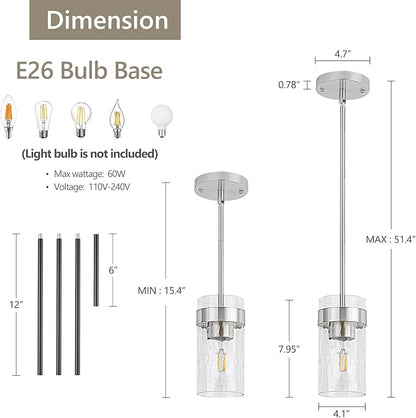 Water Ripple Glass Pendant Lights Kitchen Island Brushed Nickel Pendant Light Fixtures Adjustable Modern Mini Hanging Light for Sink Dining Room Foyer Entryway Bar, 2 Pack