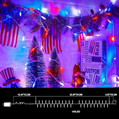 LAMPHOME 100 LED Red White and Blue Lights, 4th of July Decorations String Lights Plug in Indoor Outdoor, 16 Modes Waterproof Patriotic Light for Independence Day Holiday Memorial Day Party Decor