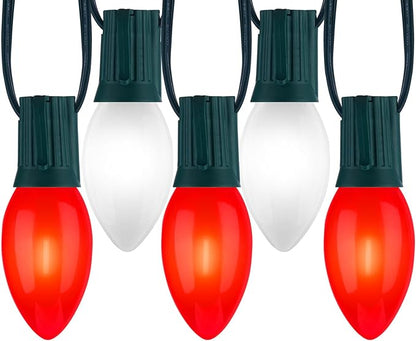 C9 LED Christmas Lights Outdoor, 50 Feet String with 50 Shatterproof Matte Bulbs, Connectable Waterproof Tree Lights for Holiday Roofline Backyard Garden Decor, Red & Pure White