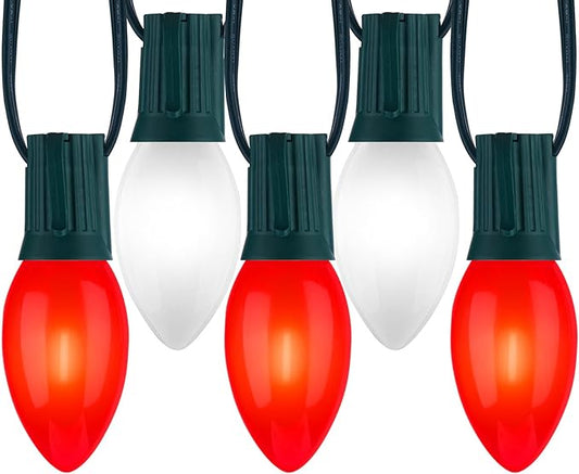 C9 LED Christmas Lights Outdoor, 50 Feet String with 50 Shatterproof Matte Bulbs, Connectable Waterproof Tree Lights for Holiday Roofline Backyard Garden Decor, Red & Pure White
