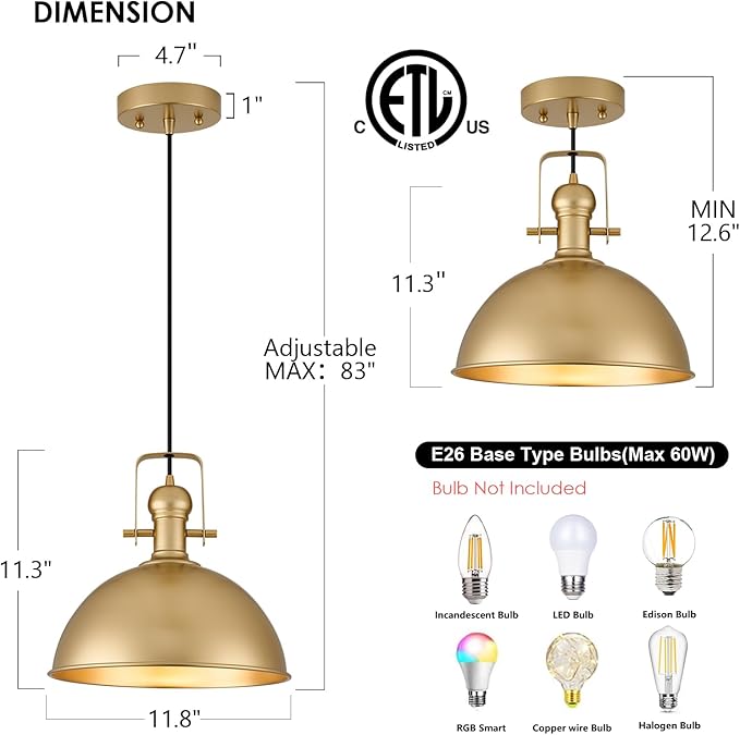 12 Inch Gold Farmhouse Pendant Lights Matte Pendant Lights for Kitchen Island Industrial Adjustable Height Vintage Dome Hanging Light Fixtures for Barn, Dining Room 1 Pack