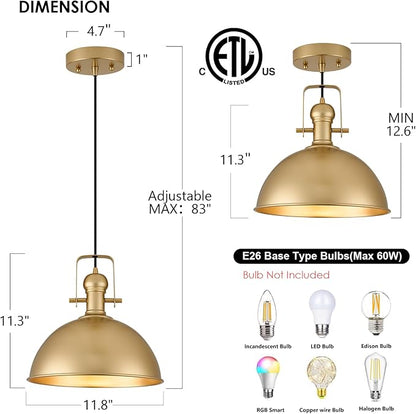 12 Inch Gold Farmhouse Pendant Lights Matte Pendant Lights for Kitchen Island Industrial Adjustable Height Vintage Dome Hanging Light Fixtures for Barn, Dining Room 1 Pack