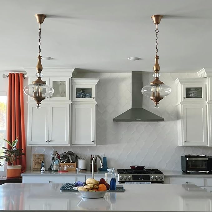Vintage Kitchen Island Pendant Light Antique Brushed Brass Glass Chandelier for Living Room Dining Room Bedroom, W 11.8 in. H 23.6 in.