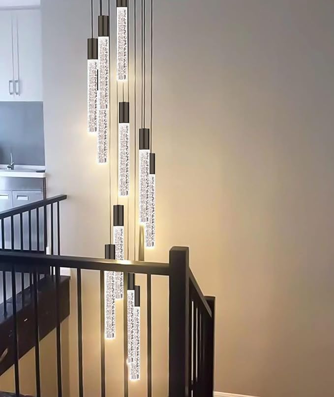 HAIXIANG 118" High Ceiling Chandelier Linear Crystal Pendants, Remote Dimmable, Compatible Sloped Ceilings, 12-Light Matte Black, 60 Watts LED, 4800 Lumens