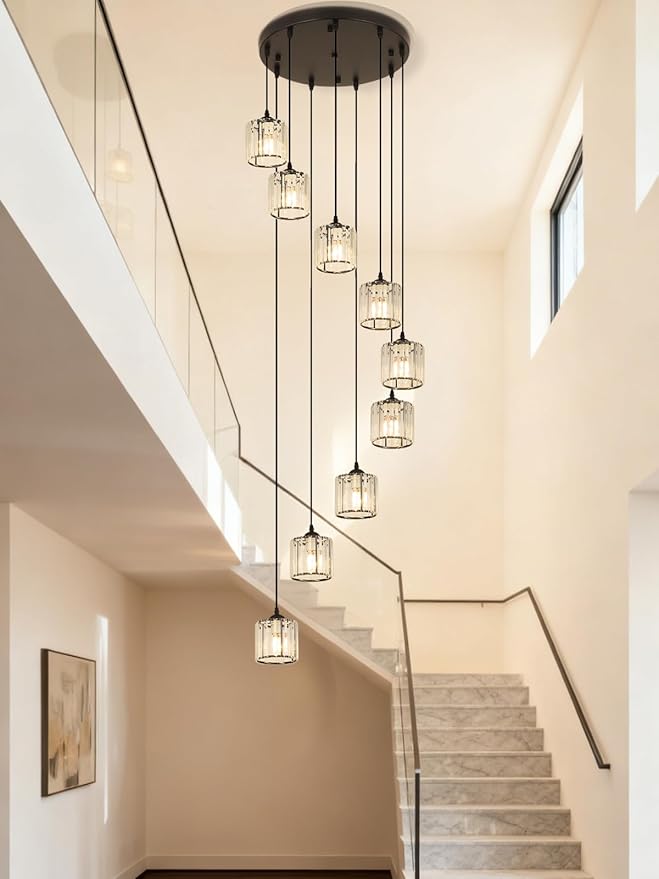 Long Chandeliers for High Ceilings,Modern Crystal Pendant Light,Raindrop Drop Lamp,Hanging Flush Mount Lighting Fixtures for Spiral Staircase,Foyer,Entryway,Living Room,Black (9 Lights)