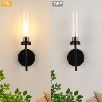 WILON Wall Sconces 2 pcs, Bathroom Sconces Vanity Light Fixtures with Clear Glass Shades, Indoor Rustic Farmhouse Wall Lamps for Bedroom Living Room Bathroom Bedside Hallway Mirror, Black