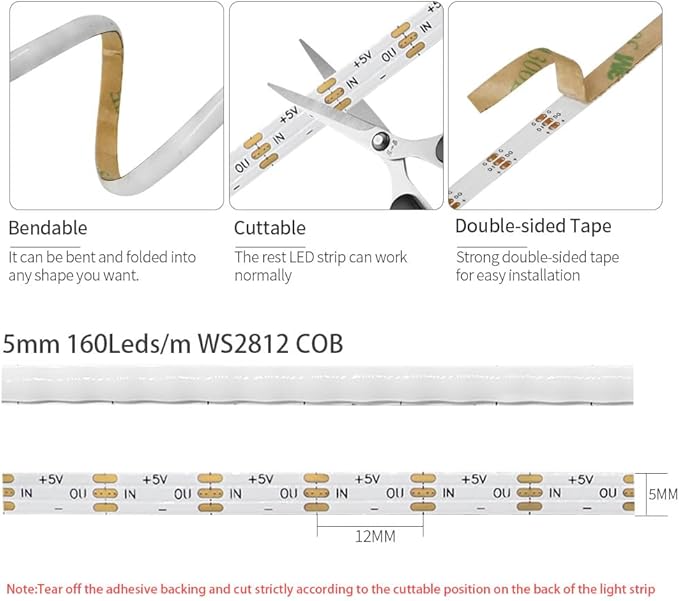 160LEDs/m 6.5FT WS2812B WS2812 LED Strip,5mm Width Individually Addressable Dream Color Flexible Smart Light Tape for Bedroom,Kitchen,Stage,TV Backlight,DC5V