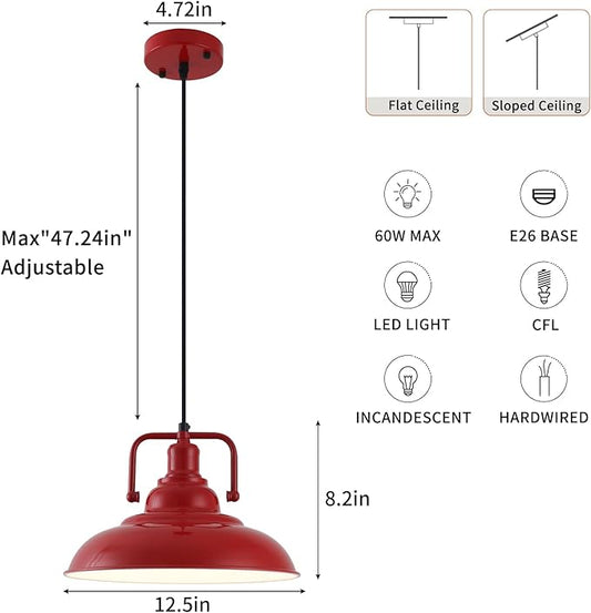 Red Farmhouse Pendant Lights 3 Packs, Metal Pendant Lights Kitchen Island, Industrial Pendant Light, Hanging Island Pendant Light, Barn Light for Kitchen, Living Room, Bedroom, Hallway