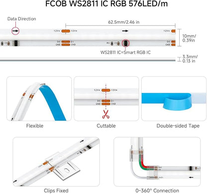 BTF-LIGHTING FCOB WS2811 IC RGB COB LED Strip DC12V 576LED/m 9.8FT Flexible High Density Color Chasing Uniform Light 16IC/m 10mm Width for Indoor Lighting Project(No Adapter or Controller)