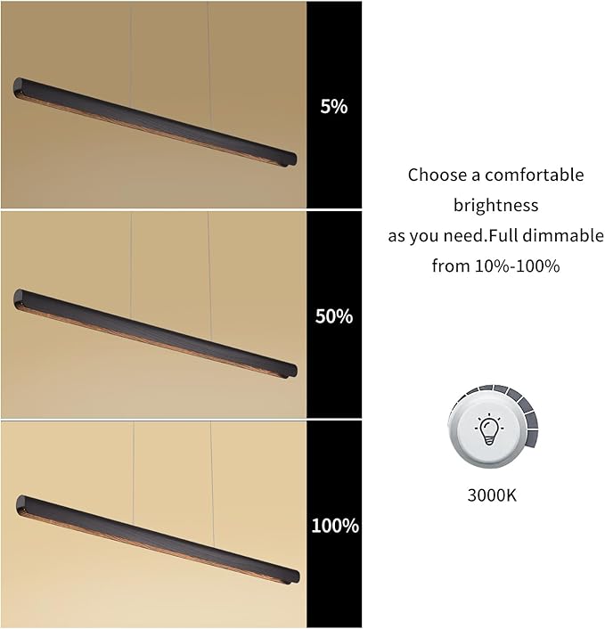 YISDESIGN 47inch Wood LED Linear Pendant Light, Dimmable Wood Ceiling Lamp,Minimalist Linear Chandelier, 36W Warm Light 3000K, Modern Kitchen Island Dining Room Lighting Black Adjustable Height