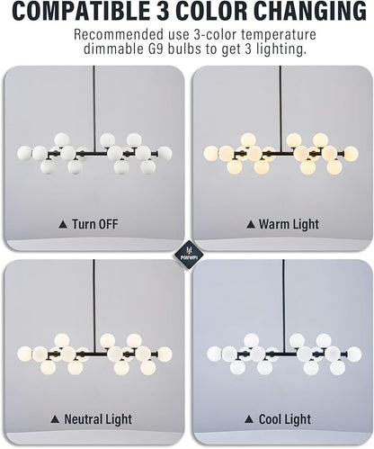 Glass Globe Sputnik Chandelier, 16-Light Mid Century Modern Light Fixture Over Table, Linear Chandeliers for Dining Room, Kitchen Island, Black and Milk White Bubble, 40 Inch, GC-02