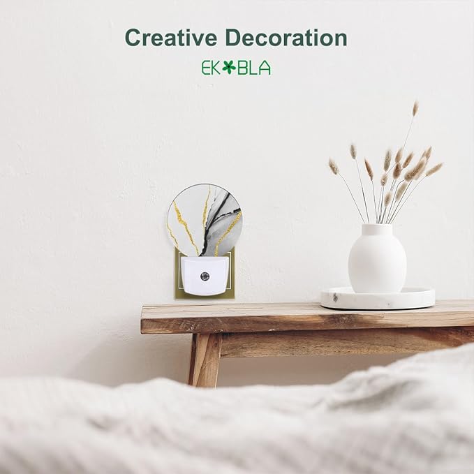 EKOBLA Modern Marble Plug-in Night Light, Gold & Gray Pattern LED Nightlight with Auto Sensor for Stairs, Hallway & Kitchen