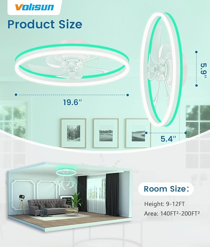 VOLISUN RGB Ceiling Fans with Lights and Remote, 20in Low Profile Ceiling Fans with Lights Flush Mount, 3000K-6500K Dimmable Fandelier LED Fan Light, White Bladeless Ceiling Fans for Bedroom