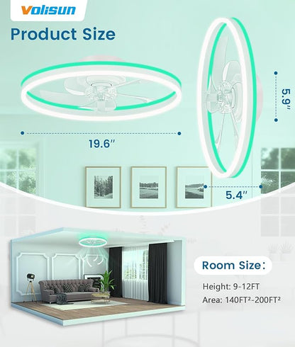 VOLISUN RGB Ceiling Fans with Lights and Remote, 20in Low Profile Ceiling Fans with Lights Flush Mount, 3000K-6500K Dimmable Fandelier LED Fan Light, White Bladeless Ceiling Fans for Bedroom