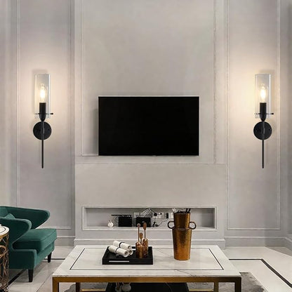 Modern Wall Sconces Set of Two, Black Wall Sconce with Clear Glass Shade, Hardwired Wall Mount Light Fixtures for Living Room Bathroom, Bedroom, Hallway