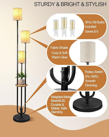 63IN Dimmable Floor Lamp with Shelf, Unique Black Tall Standing Lamps with Table, 3000K Warmwhite Mid Century Modern Floor Lamp with 5Lbs Heavy Base for Living Room/Bedroom (Bulbs Included)