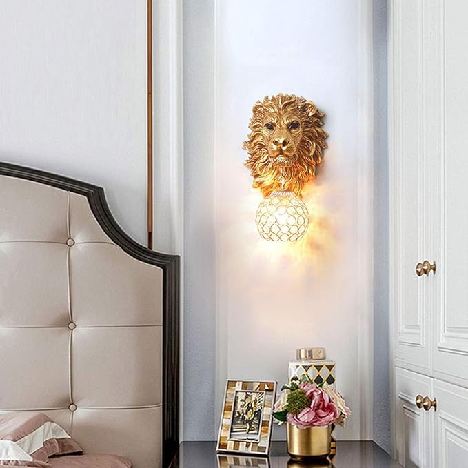 Gold Lion Head Wall Sconce Hardwired, Vintage Crystal Sconce Wall Lighting for Living Room Bedroom Hallway, Luxury Resin Sculpture Wall Lamp, E26 Base