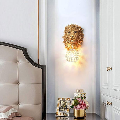 Gold Lion Head Wall Sconce Hardwired, Vintage Crystal Sconce Wall Lighting for Living Room Bedroom Hallway, Luxury Resin Sculpture Wall Lamp, E26 Base