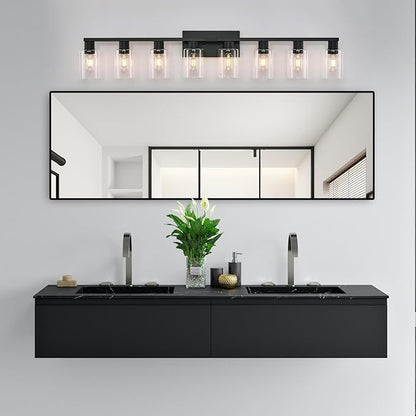 8 Light Bathroom Vanity Light Black Vanity Light Fixtures Bathroom Lights Fixtures Over Mirror Large Wall Lights with Clear Glass Shade for Bedroom Living Room Makeup