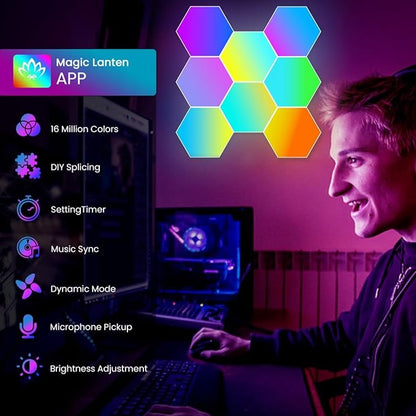 TISOFU 8 Pack Hexagon Lights LED Wall Panels, RGB Color Gaming Light Decoration with APP/Music Sync & Remote, Boys DIY Smart Modular Hexagonal Honeycomb Bedroom Glide Hex Tiles Panel