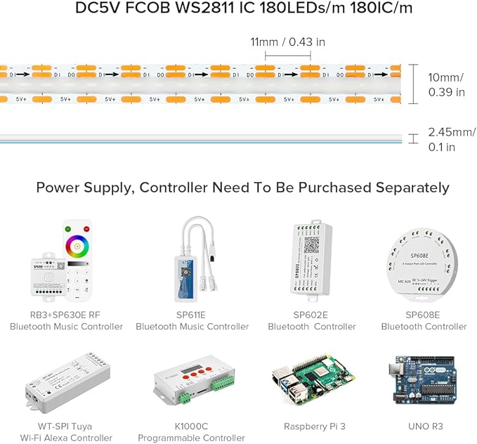 BTF-LIGHTING FCOB COB WS2811(WS2812B) IC RGB 180LED/m 180IC LED Strip DC5V 3.2FT Individual Addressable Flexible High Density Uniform Light Dream Chasing Color 10mm Width(NO Adapter or Controller)