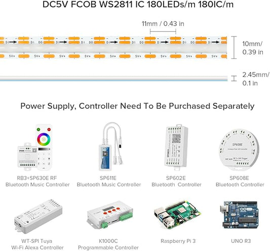 BTF-LIGHTING FCOB COB WS2811(WS2812B) IC RGB 180LED/m 180IC LED Strip DC5V 3.2FT Individual Addressable Flexible High Density Uniform Light Dream Chasing Color 10mm Width(NO Adapter or Controller)