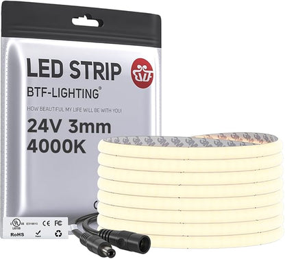 BTF-LIGHTING FCOB COB 3mm Width UL Listed Super Narrow Flexible Uniform LED Strip Light 16.4FT DC24V 4000K CRI 90+ Dimmable LED Ribbon for Kitchen Home Indoor Decor(No Adapter or Controller)