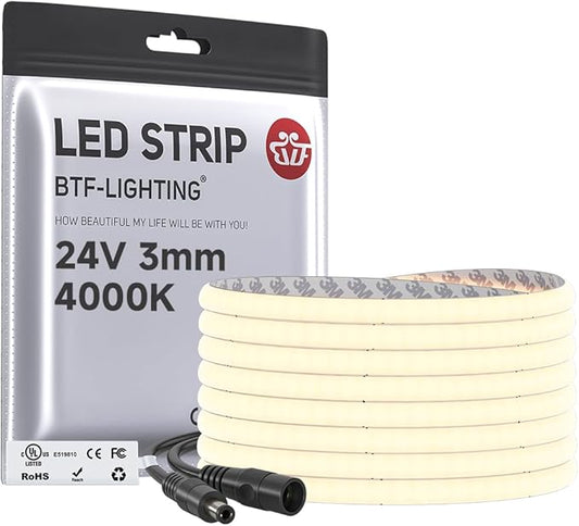 BTF-LIGHTING FCOB COB 3mm Width UL Listed Super Narrow Flexible Uniform LED Strip Light 16.4FT DC24V 4000K CRI 90+ Dimmable LED Ribbon for Kitchen Home Indoor Decor(No Adapter or Controller)