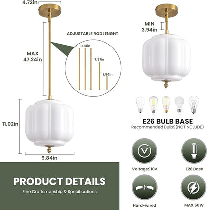 Vintage Milk Glass Pendant Lights 9.8 Inch Mid Century Modern Hanging Ceiling Light, Adjustable Height Kitchen Island Hanging Lights for Dining Room, Kitchen, Hallway and Bedroom, E26 Base