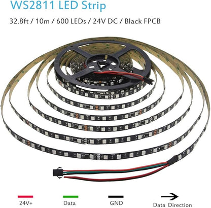 ALITOVE 32.8ft 24V WS2811 Addressable RGB-IC LED Strip Light 600LEDs Programmable Dream Color Flexible LED Pixel Light Chasing Effect LED Rope 5050SMD Non-Waterproof Black PCB(No Adapter & Controller)
