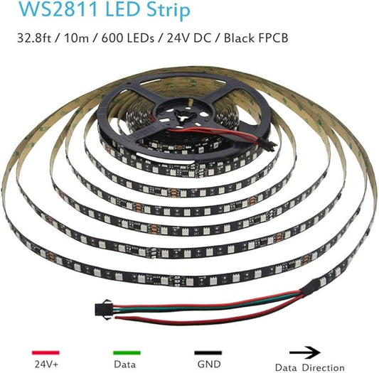 ALITOVE 32.8ft 24V WS2811 Addressable RGB-IC LED Strip Light 600LEDs Programmable Dream Color Flexible LED Pixel Light Chasing Effect LED Rope 5050SMD Non-Waterproof Black PCB(No Adapter & Controller)
