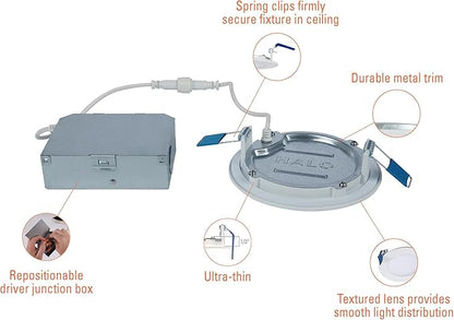 HALO HLBE 4 in LED Canless Recessed Lights 12-Pack, 3000K, 600 Lumens, Wet Location, Dimmable, Ultra-Slim 1/2 in Profile Ceiling Downlights for New Construction and Remodel - HLBE4069301EMWR-12PK