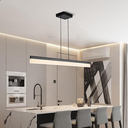 Black Wood LED Kitchen Island Lighting, 39 Inch LED Linear Pendant Light, Dimmable Ceiling Hanging Chandeliers for Dining Room Living Room Bar Pool Table 24W, Modern Farmhouse Fixture, 4000K
