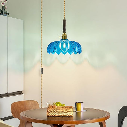 Modern Blue Plug in Glass Pendant Light Retro Flower Glass Hanging Lamp Gold Brass Decorative Adjustable Ceiling Hanging Light Suitable for Kitchen Island Bedroom Dining Room Living Room