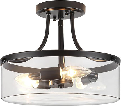 11.81" Black Semi Flush Mount Ceiling Light Modern Glass Light Fixture Industrial Hallway Lights 3-Light Close to Ceiling Light Fixtures for Entryway Bedroom Kitchen Dining Room Laundry Room Lighting