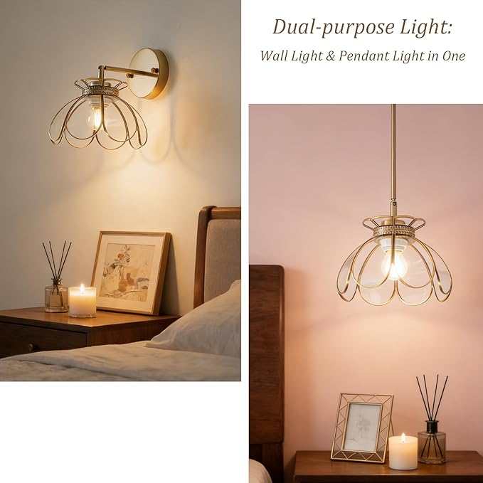 Vintage Brass Ceiling Pendant Light with Stained Lotus Flower Clear Glass Shade, Oriental Hanging Lamp or Wall Sconces Dual-Purpose, for Kitchen Island Dining Room Bedroom Living Room-7.9" Shade