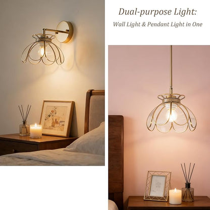 Vintage Brass Ceiling Pendant Light with Stained Lotus Flower Clear Glass Shade, Oriental Hanging Lamp or Wall Sconces Dual-Purpose, for Kitchen Island Dining Room Bedroom Living Room-7.9" Shade