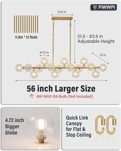 55" Long Brass Gold Chandeliers for Dining Room Kitchen Island, Large Globe Sputnik Linear Chandelier, 16 Lights Mid Century Modern Light Fixture Over Table, Clear Bubble, GC-08