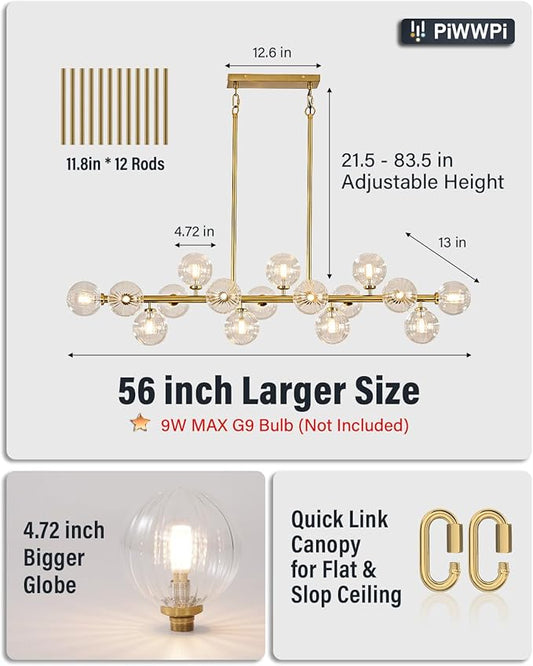 55" Long Brass Gold Chandeliers for Dining Room Kitchen Island, Large Globe Sputnik Linear Chandelier, 16 Lights Mid Century Modern Light Fixture Over Table, Clear Bubble, GC-08