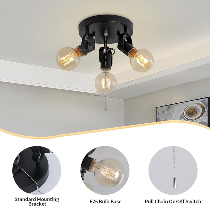 3 Light Flush Mount Ceiling Light with Pull Chain, Industrial Kitchen Ceiling with Rotatable Light Head,Black Pull Chain Spotlight for Bedroom Hallway Kitchen Laundry