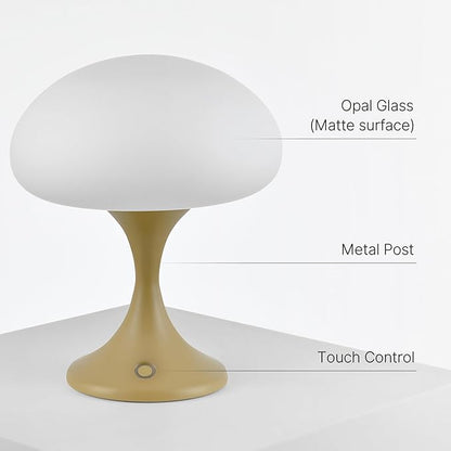 MAGCHARM Mushroom Lamp, 5W LED Cordless Rechargeable Table Lamp with Glass Shade, Small Retro Dimmable Touch Light with 3 Color Temps, Aesthetic Mid Century Bedside Light for Bedroom Ambient, Mustard